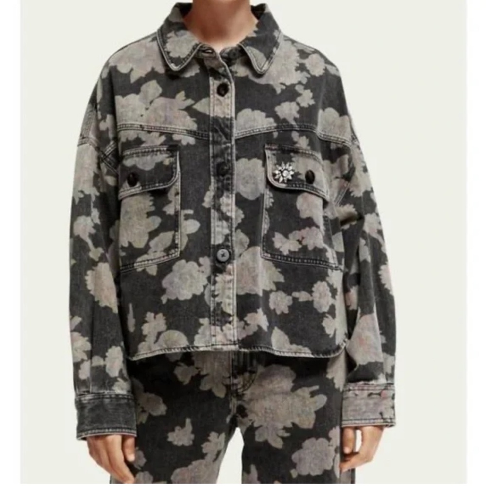Scotch&Soda Amsterdam Grey Floral Print denim jacket Oversized fit Size L